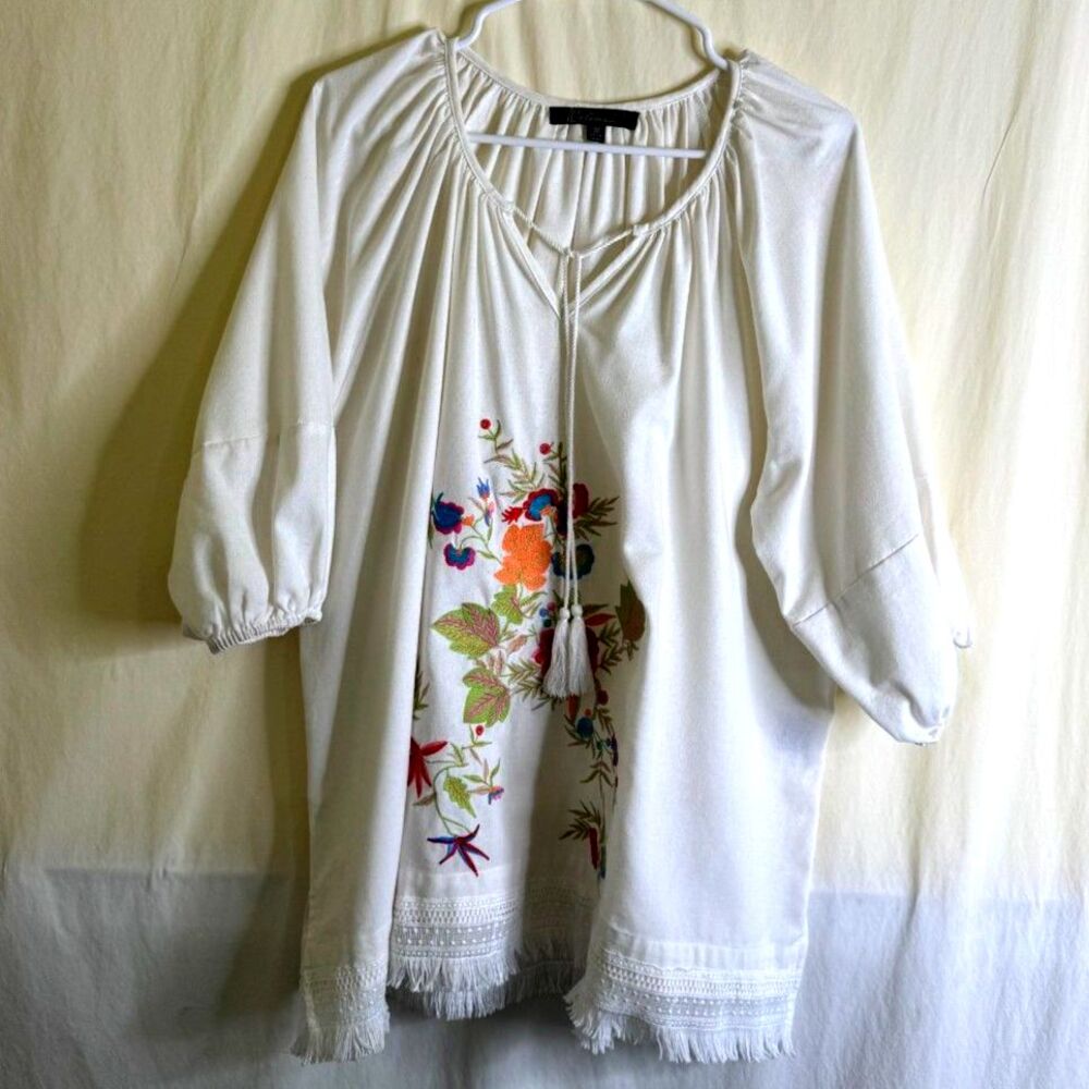 Calessa White Embroidered Boho 3/4 Sleeve Eyelet Lace Fringe Women's Tunic SZ 3X